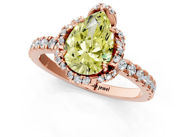 Rose gold Fancy Yellow Pear  Halo Diamond Pave Band Ring with Four-Prong Setting