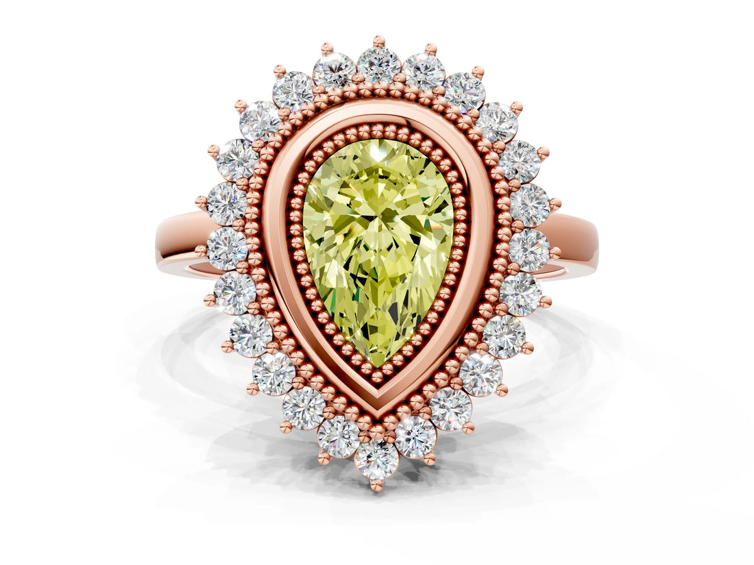 Rose gold Fancy Yellow Pear  Halo Diamond Ring with Milgrain Edge and Round Prong Setting_26