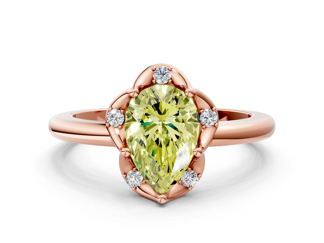 Rose gold Fancy Yellow Pear  Halo Diamond Ring with Round Cluster Setting, Solitaire Band, and Four-Prong Setting_49