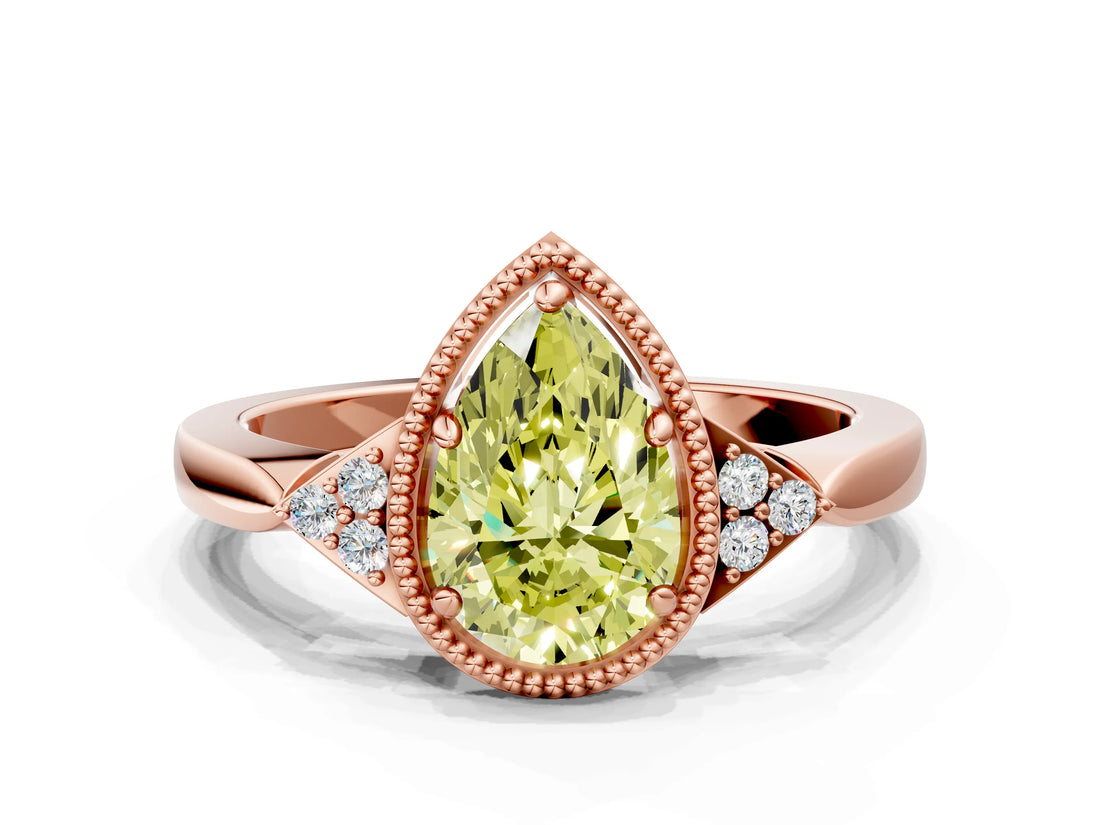 Rose gold Fancy Yellow Pear  Halo Diamond Ring with Tapered Band and Four-Prong Setting_3