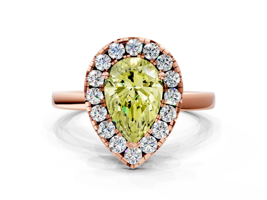 Rose gold Fancy Yellow Pear  Halo Diamond Solitaire with Pavé Band and Four-Prong Setting_92