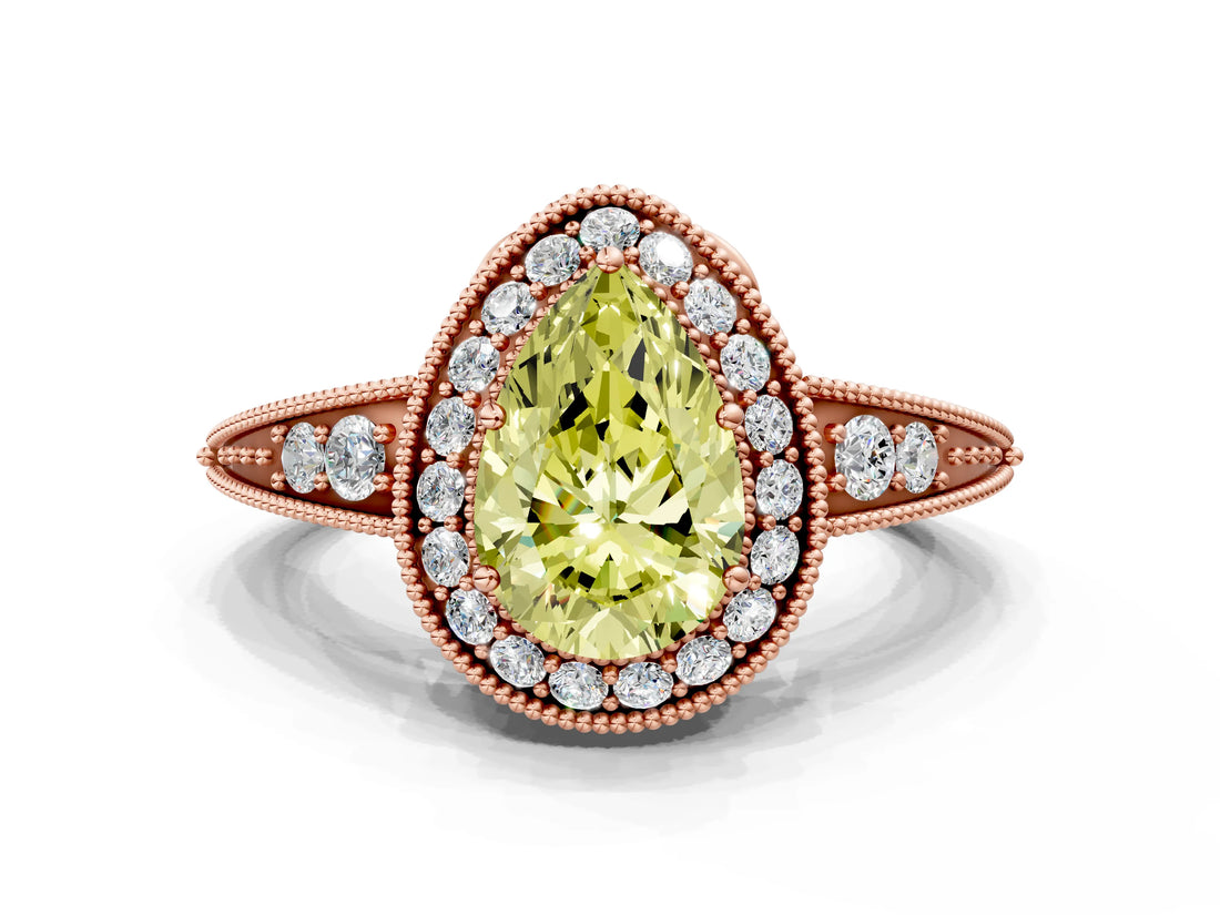 Rose gold Fancy Yellow Pear  Halo Diamond Split Shank Ring with Milgrain Detail_48