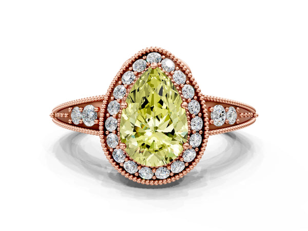 Rose gold Fancy Yellow Pear  Halo Diamond Split Shank Ring with Milgrain Detail