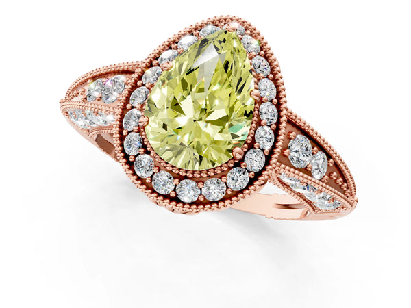 Rose gold Fancy Yellow Pear  Halo Diamond Split Shank Ring with Milgrain Detail