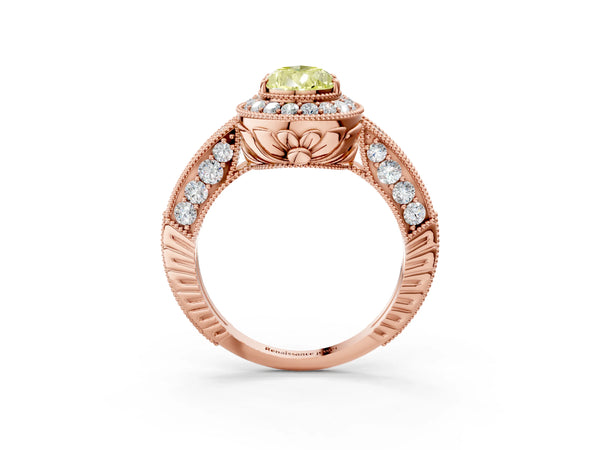 Rose gold Fancy Yellow Pear  Halo Diamond Split Shank Ring with Milgrain Detail