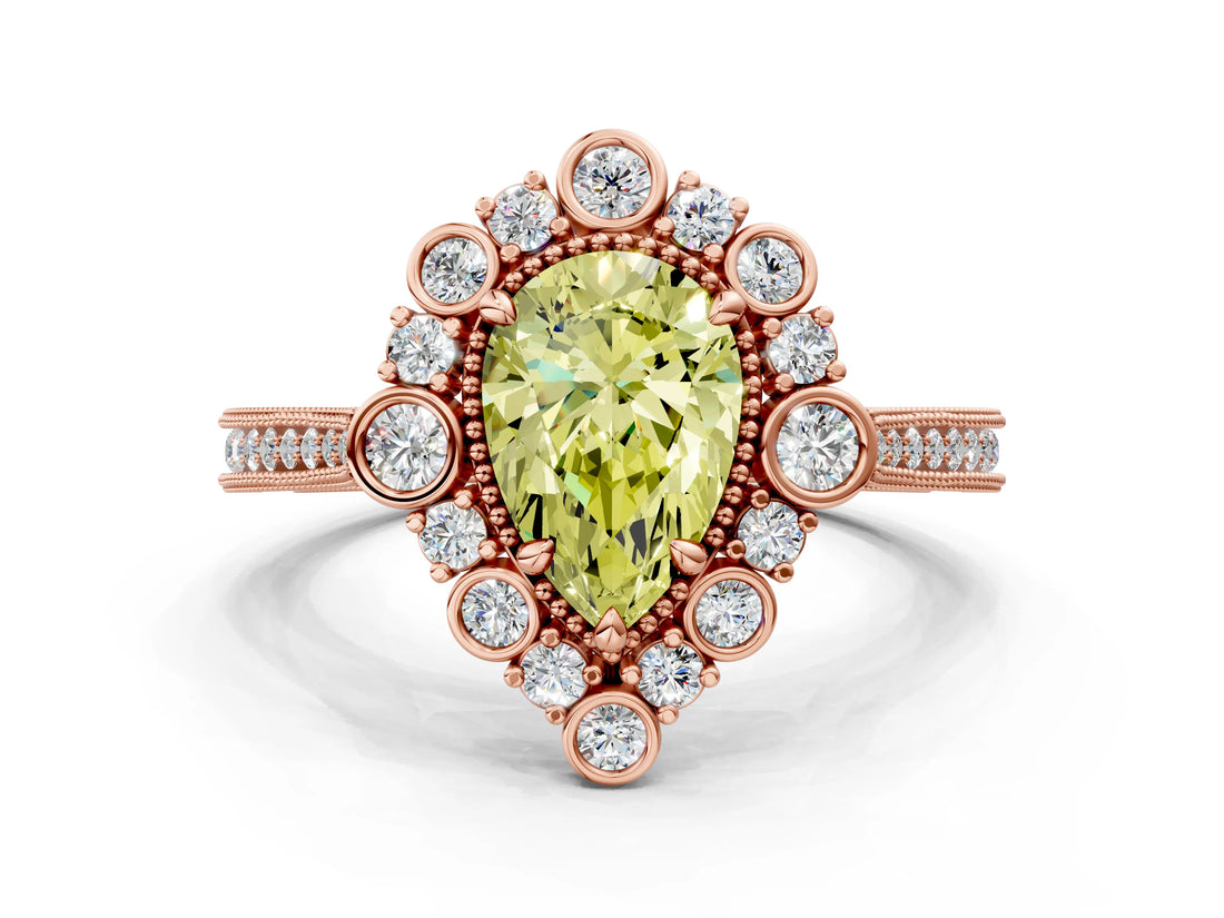 Rose gold Fancy Yellow Pear  Halo Milgrain Pave Diamond Ring with Four-Prong Setting