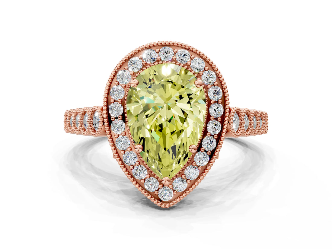 Rose gold Fancy Yellow Pear  Halo Milgrain Solitaire with Bezel Set Side Stones and Pave Band_32