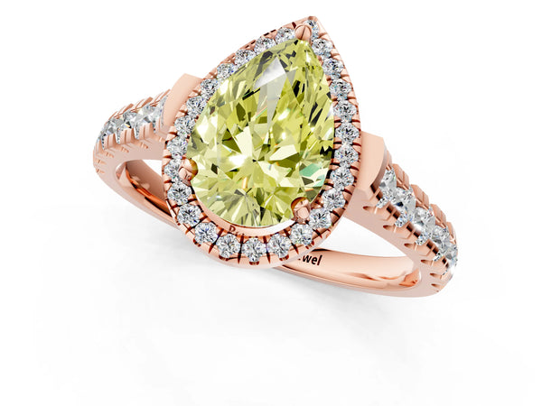 Rose gold Fancy Yellow Pear  Halo Pavé Diamond Engagement Ring with Four-Prong Setting