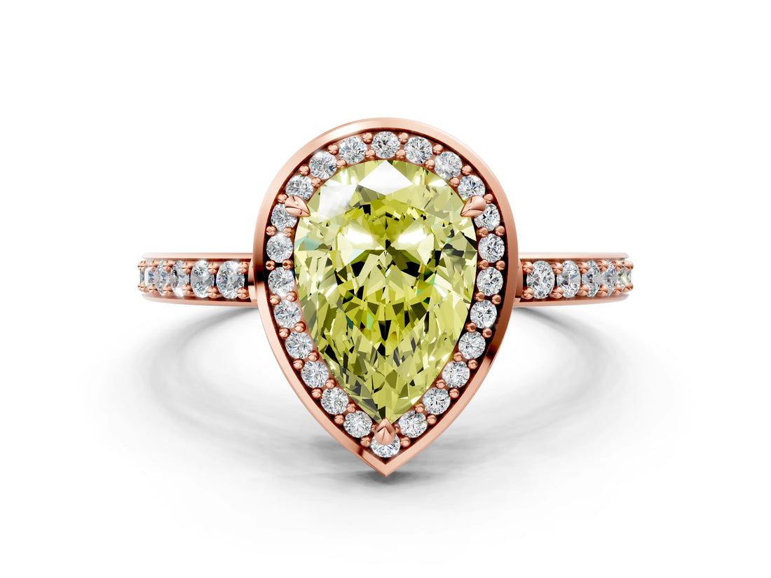 Rose gold Fancy Yellow Pear  Halo Pave Band Solitaire Ring with Prong Setting_87