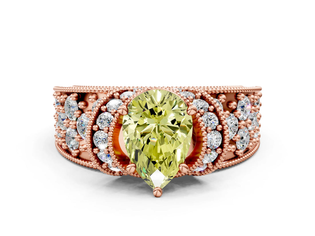 Rose gold Fancy Yellow Pear  Halo Pave Diamond Engagement Ring with Milgrain Detailing_49