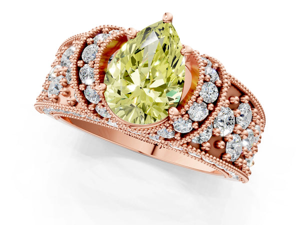 Rose gold Fancy Yellow Pear  Halo Pave Diamond Engagement Ring with Milgrain Detailing