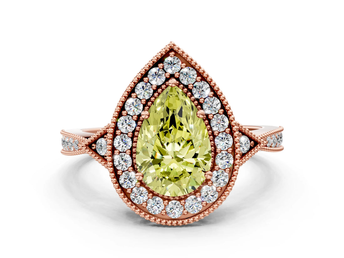 Rose gold Fancy Yellow Pear  Halo Round Diamond Milgrain Pave Engagement Ring_3