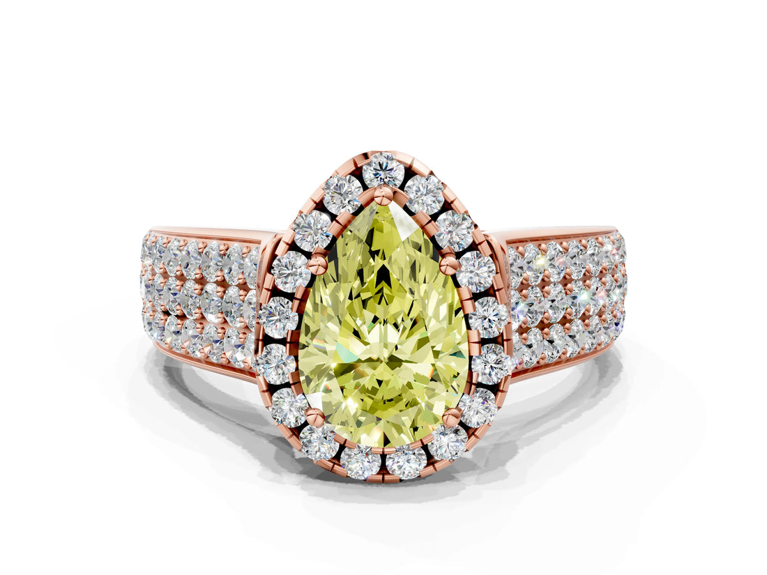 Rose gold Fancy Yellow Pear  Halo Round Diamond Pave Band with Prong Setting 1