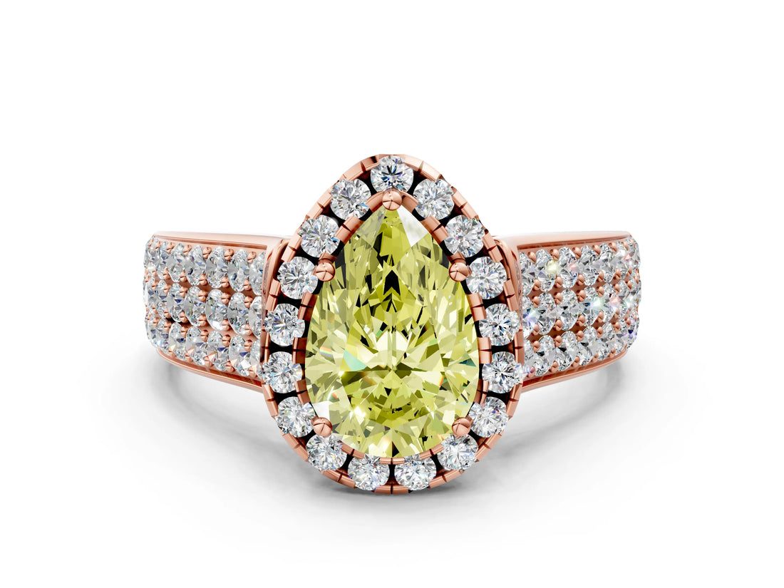 Rose gold Fancy Yellow Pear  Halo Round Diamond Pave Band with Prong Setting_12