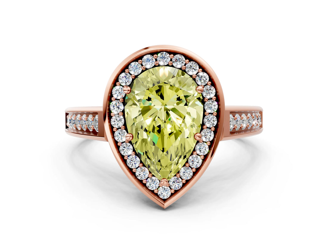 Rose gold Fancy Yellow Pear  Halo Solitaire Diamond Ring with Pave Band and Bezel Setting_49