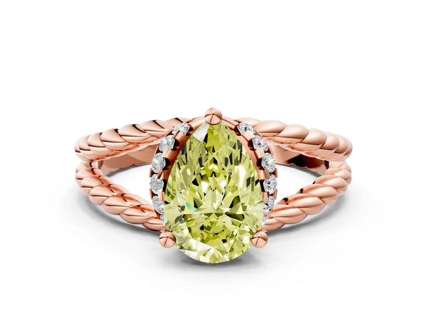 Rose gold Fancy Yellow Pear  Halo Twisted Band Four-Prong Ring