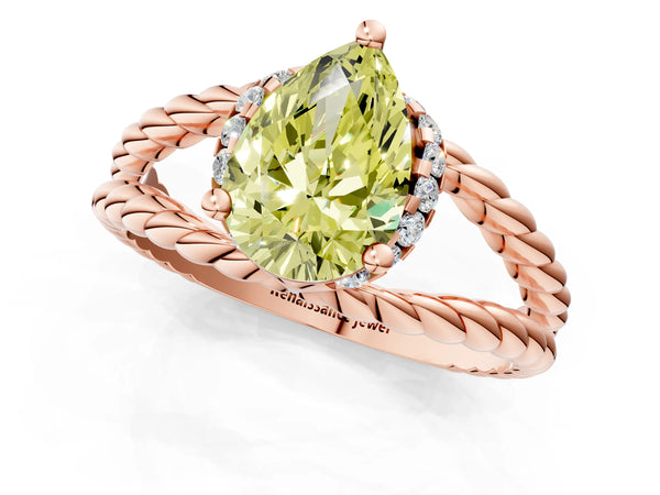 Rose gold Fancy Yellow Pear  Halo Twisted Band Four-Prong Ring