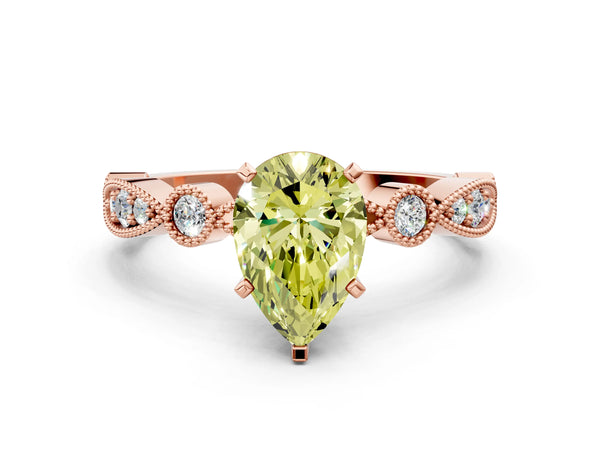 Rose gold Fancy Yellow Pear  Milgrain Bezel Diamond Engagement Ring with Solitaire Prong Setting