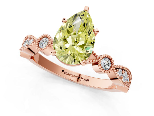 Rose gold Fancy Yellow Pear  Milgrain Bezel Diamond Engagement Ring with Solitaire Prong Setting