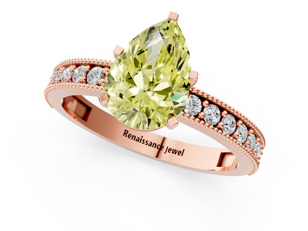 Rose gold Fancy Yellow Pear Cut Diamond Milgrain Pavé Engagement Ring with Four-Prong Setting