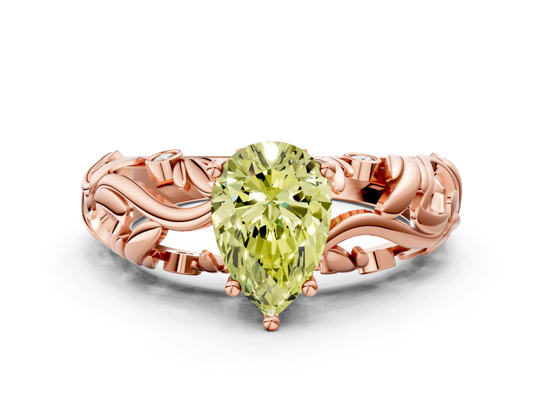 Rose gold Fancy Yellow Pear  Solitaire Diamond Leaf Vine Band with Prong Setting_44