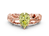 Rose gold Fancy Yellow Pear  Solitaire Diamond Leaf Vine Band with Prong Setting_44