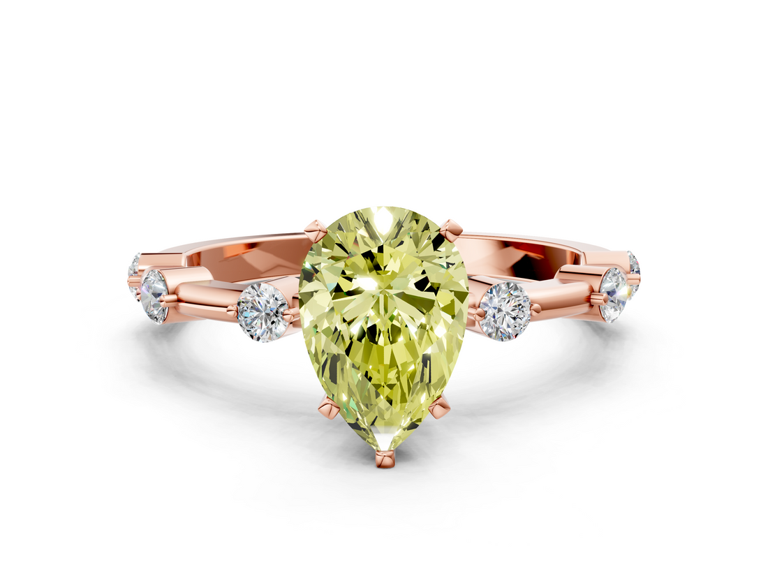 Rose gold Fancy Yellow Pear  Solitaire Diamond Ring with Bezel Set Side Stones and Prong Setting_3