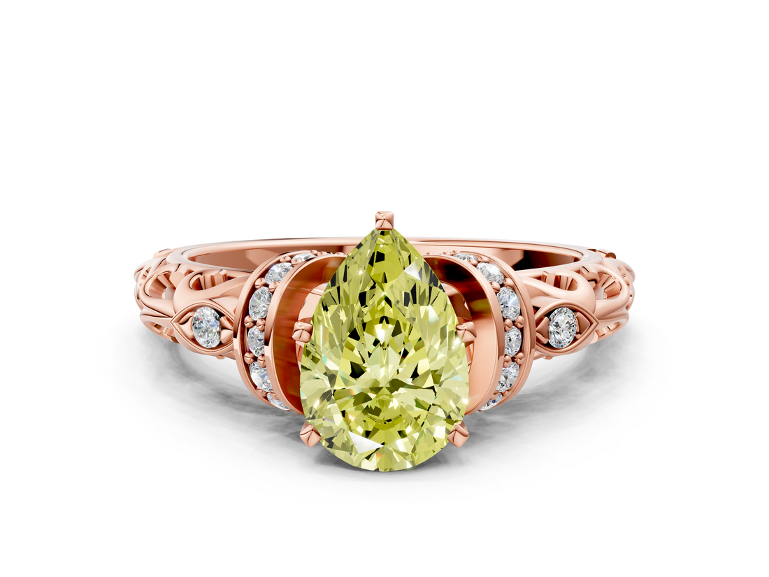 Rose gold Fancy Yellow Pear  Solitaire Diamond Ring with Filigree Band and Four-Prong Setting_64
