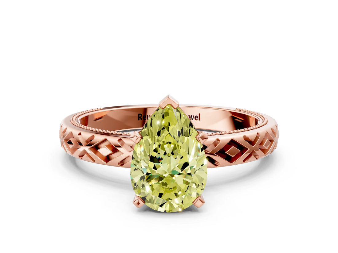 Rose gold Fancy Yellow Pear  Solitaire Diamond Ring with Milgrain and Black Enamel X Pattern Band_296
