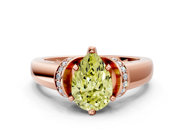 Rose gold Fancy Yellow Pear  Solitaire Diamond Ring with Pave Band and Six-Prong Setting
