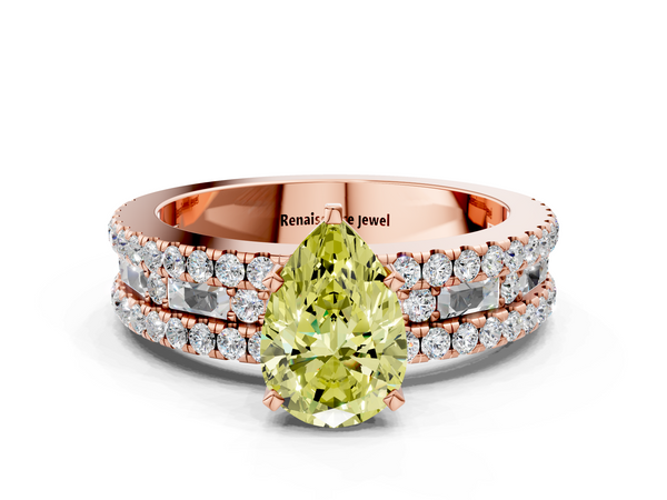 Rose gold Fancy Yellow Pear Cut Diamond Solitaire Ring with Pavé and Channel Set Band