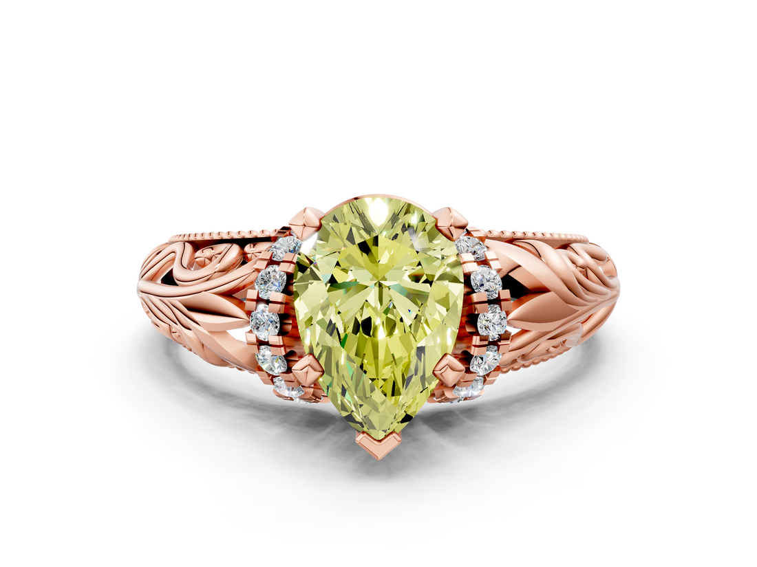 Rose gold Fancy Yellow Pear  Solitaire Filigree Engagement Ring with Halo and Prong Setting_63