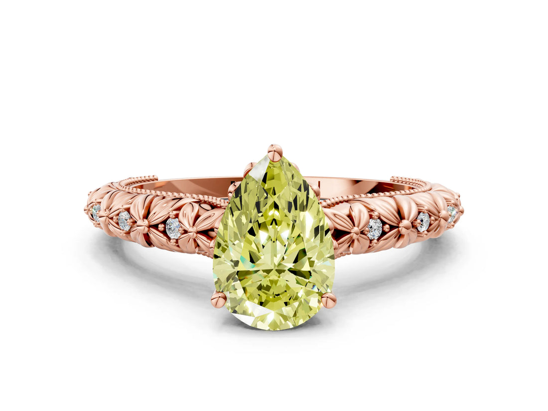Rose gold Fancy Yellow Pear  Solitaire Floral Milgrain Engagement Ring_31