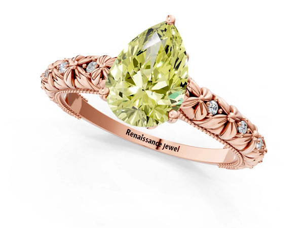 Rose gold Fancy Yellow Pear  Solitaire Floral Milgrain Engagement Ring