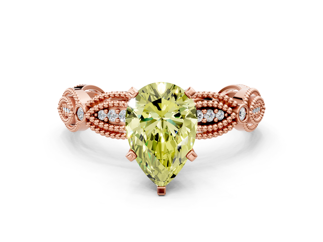 Rose gold Fancy Yellow Pear  Solitaire Milgrain Diamond Engagement Ring with Bezel and Marquise Band_148