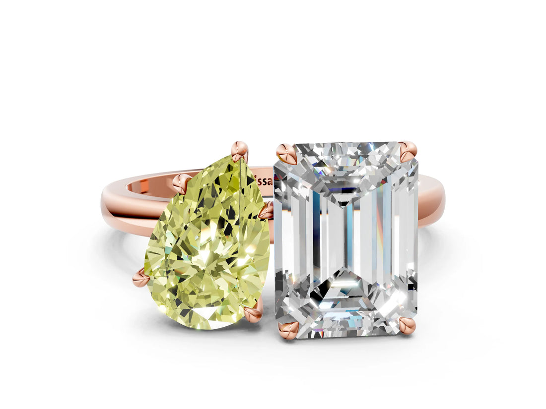 Rose gold Fancy Yellow Pear  and Emerald Cut Toi Moi Ring with Prong Setting_63