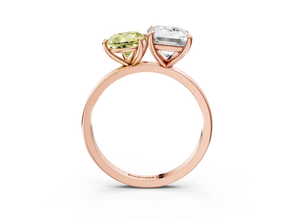 Rose gold Fancy Yellow Pear  and Emerald Cut Toi Moi Ring with Prong Setting
