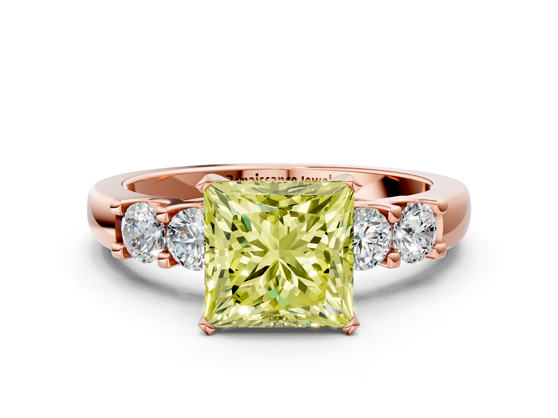 Rose gold Fancy Yellow Princess  Brilliant Cut Diamond Five-Stone Prong Set Engagement Ring with Channel Band