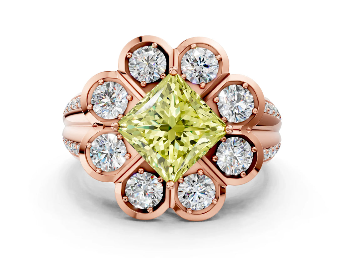 Rose gold Fancy Yellow Princess  Brilliant Flower Halo Diamond Split Shank Ring_123