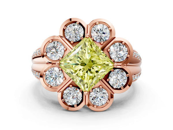 Rose gold Fancy Yellow Princess  Brilliant Flower Halo Diamond Split Shank Ring