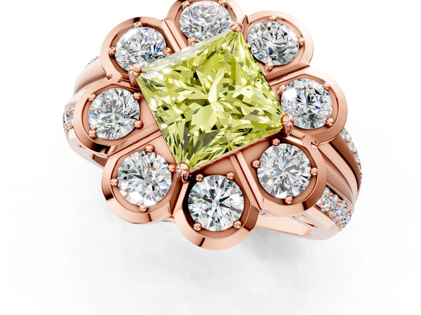 Rose gold Fancy Yellow Princess  Brilliant Flower Halo Diamond Split Shank Ring