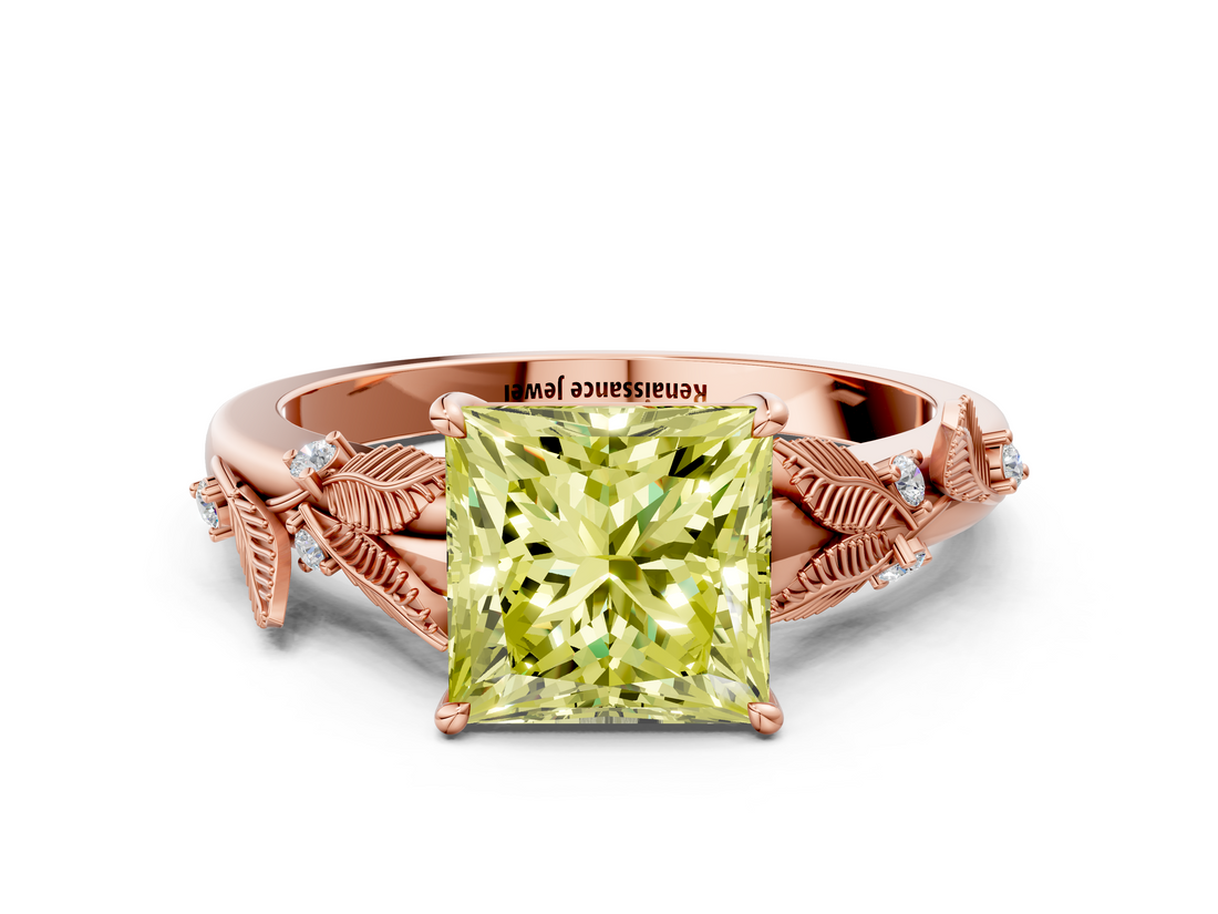 Rose gold Fancy Yellow Princess  Brilliant Solitaire with Leaf Motif Band and Four-Prong Setting_33