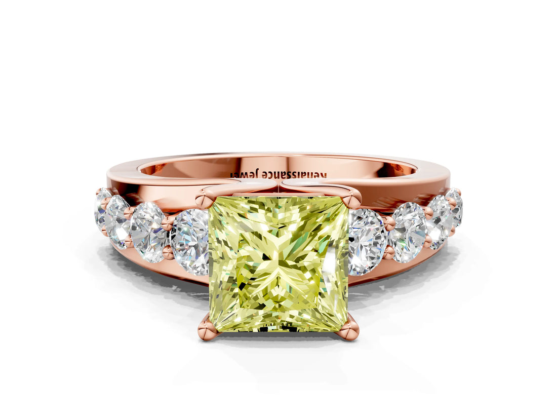 Rose gold Fancy Yellow Princess  Brilliant Solitaire with Side Stones on a Pave Band and Four-Prong Setting_36