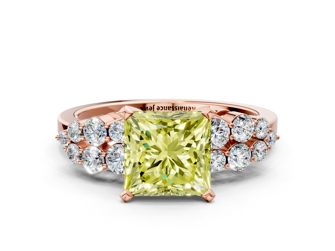 Rose gold Fancy Yellow Princess  Cluster Diamond Engagement Ring with Pavé Band and Four-Prong Setting