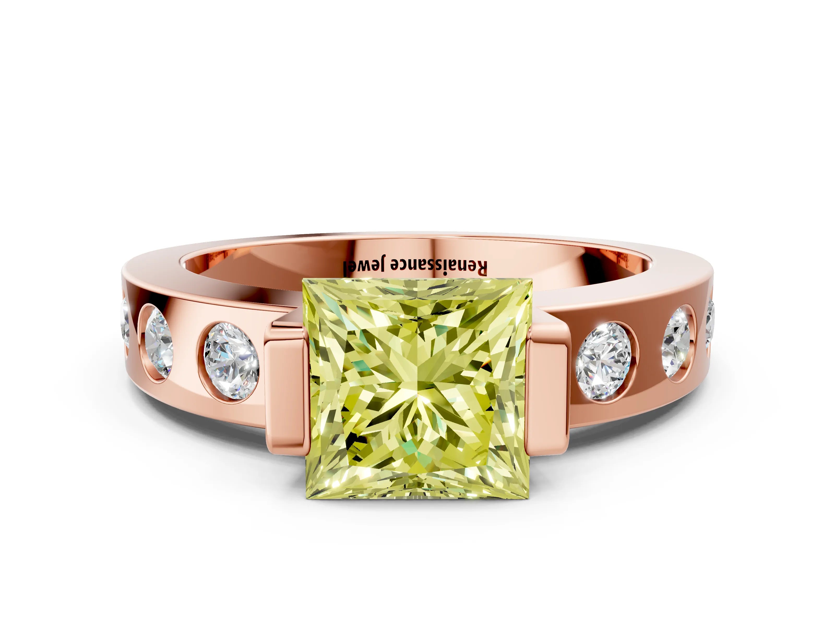 Rose gold Fancy Yellow Princess Cut Brilliant Channel-Set Diamond Ring with Bezel Prong Setting