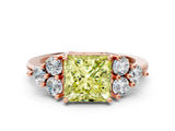 Rose gold Fancy Yellow Princess Cut Brilliant Diamond Cluster Accent Solitaire Ring with Prong Setting