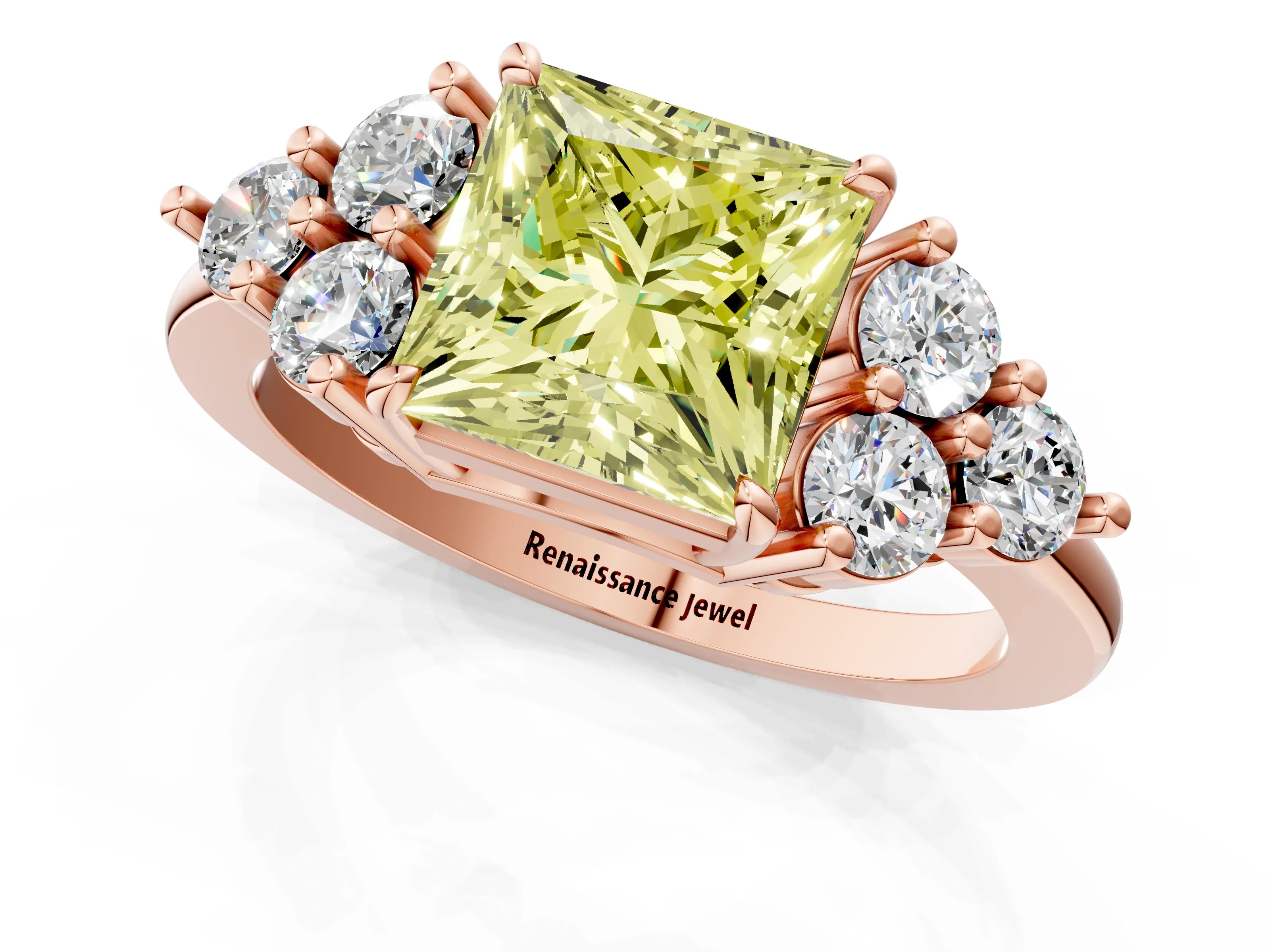 Rose gold Fancy Yellow Princess Cut Brilliant Diamond Cluster Accent Solitaire Ring with Prong Setting_1