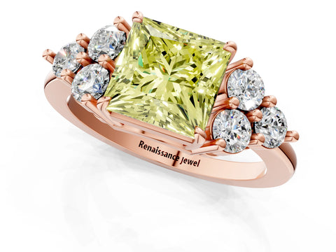 Rose gold Fancy Yellow Princess Cut Brilliant Diamond Cluster Accent Solitaire Ring with Prong Setting_1