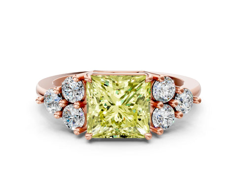 Rose gold Fancy Yellow Princess Cut Brilliant Diamond Cluster Accent Solitaire Ring with Prong Setting