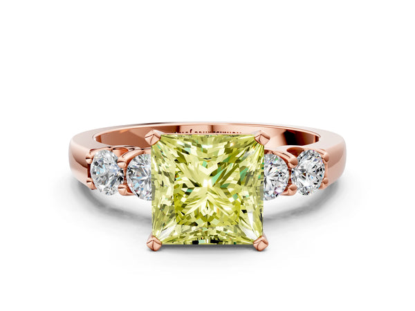 Rose gold Fancy Yellow Princess Cut Brilliant Diamond Five-Stone Engagement Ring with Prong Setting on a Classic Band